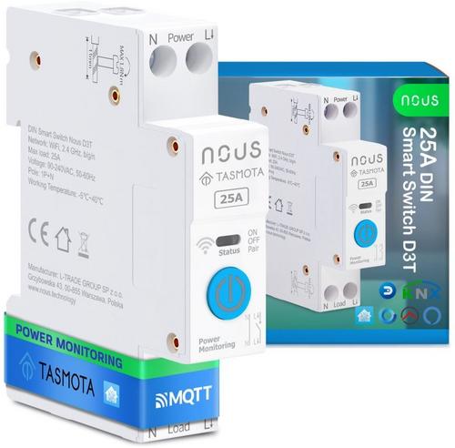 NOUS D3T DIN smart integrovaný spínač, WiFi switch 25A, kompatibilní s Tasmota ESP32 - AGEMcz