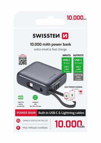 SWISSTEN POWER BANK SPACE 10000 mAh S INTEGROVANÝMI KABELY USB-C A LIGHTNING STŘÍBRNÁ